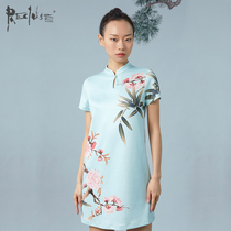 Xianyuan mustard original Chinese style dress Chinese retro peach print improved cheongsam summer new style
