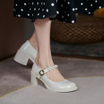 Beautiful Couples Customize Single Shoes Women 2022 Spring New Genuine Leather Pearls Matching Skirts High Heel Shoes Coarse Heels Mary Precious Shoes