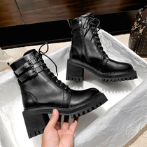 Star same Inn Wind Martin boots woman 2021 autumn winter 100 lap strap buckle coarse heel short boot side zipped locomotive boots