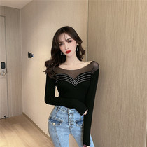 Sexy mesh stitching hot diamond base shirt womens spring and Autumn new net red design sense heavy industry V-neck diamond T-shirt top