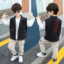 Childrens clothing boys denim vest jacket loose handsome denim vest wear denim jacket Large childrens waistband tide