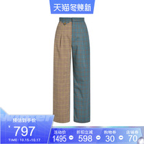 LE FAME lafem spring Plaid stitching asymmetric straight wide leg trousers LF9C12P13G016