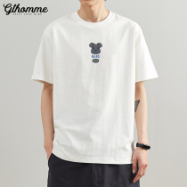 Summer new short sleeve mens loose round neck print T-shirt mens trend casual thin white simple half sleeve shirt