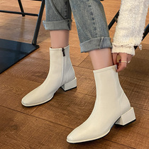 Impression of color white boots women 2021 New thin French niche all cowhide leather leather white boots