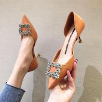 2020 spring new single shoes female Korean version of Joker rhinestone square button pointed hollow Net red womens shoes