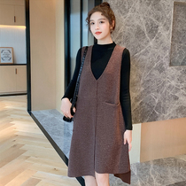 Pregnant Womens Autumn High Neck Knitted Nest Dress Set 2021 New Size Loose Pregnancy Dress Two Piece
