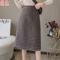 Plaid Hair Half Body Skirt Woman Autumn Winter New High Waist Retro a long style Slim Open Fork Bag Arm Skirt