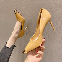Beige high heels heels 2021 spring new 100 hitch-free kick metal head pointed shallow mouth single shoe gentle wind