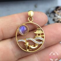New 925 inlaid silver gilded sandblasting effect pure natural blue moon light stone pendant fidelity support appraisal
