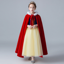 Childrens cloak cape autumn and winter out for windproof Christmas girl white snow princess gown with shawl small red hat thickened