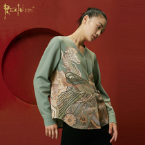 RECLUSE Chenba Chinese style tea dress vintage print light luxury design V-neck modified long-sleeved Hanfu shirt women