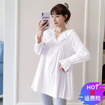 Pregnancy Woman Dress Autumn Dress Jacket Loose Korean version 2022 new lotus leaf side V collar long sleeve T-shirt pregnant woman blouses spring and autumn