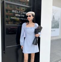 Thirteen lines explosive 2021 spring new niche retro square collar long sleeve waist dress A- line dress tide 18036