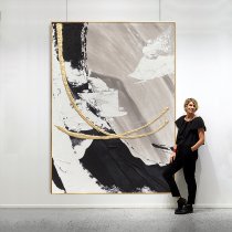 Hand-painted oil painting black and white spray porch decorative painting modern simple abstract light luxury living room background wall floor-to-ceiling hanging painting