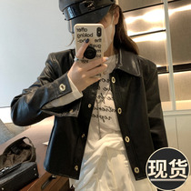 ader early autumn new high-end black leather jacket womens long-sleeved short loose cardigan design top