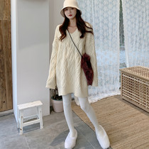 SYT autumn spring wardrobe loose V-neck lingge knitted sweater womens 2021 new lazy wind mid-length top