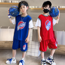 Boys summer clothing suit 2022 new summer childrens Han version handsome boy two sets fake two pieces of basketball clothes