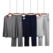 Spring and autumn modal pajamas mens long-sleeved trousers comfortable elastic round neck mens home service suit