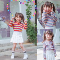 Super fire rainbow stripe long sleeve T-shirt female child ins tide 2020 new autumn cotton long sleeve T-shirt color top