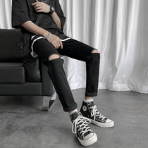 Summer hole jeans men practice small foot Korean edition trend high lean trousers skinny black ninety pants