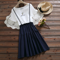 2021 summer junior high school students embroidered fake two pieces 12-15 year old female child with hipster strap short sleeve dress