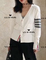 (V2)Thom Browne 20 spring TB cardigan V-neck four-bar wool knitted jacket for men and women