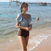  Swimsuit female conservative student color split fairy fan high waist cover belly show thin chest gather to soak in hot spring swimsuit female