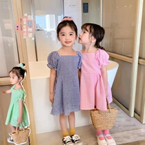 Girls spring and summer new 2021 foreign fashion Korean version of small children bubble sleeve skirt little girl princess dress