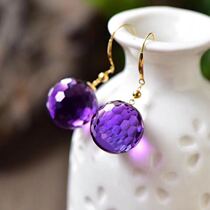 Natural Brazilian amethyst round bead faceted eardrop 18K gold inlay 14mm cut surface transfer bead ear hook