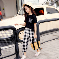 Childrens clothing 2021 new girls  summer suit middle and large childrens net red fashionable short-sleeved little girl Western style two-piece set