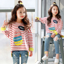 Autumn 2021 new Korean childrens clothing girls pure cotton striped long-sleeved T-shirt large childrens round neck pullover top