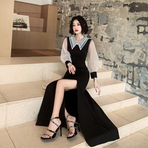 Black evening dress dress women 2021 New banquet temperament long aura Queen host light luxury niche high-end