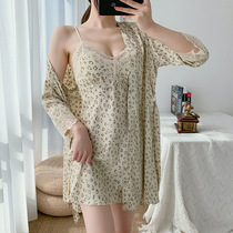 Pajamas womens spring and summer ice silk sexy two-piece set suspender nightgown with chest pad V-neck suit silk home dress summer