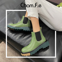 Avocado green short boots women autumn and winter New English style plus velvet Martin boots leather thick soles Chelsea boots women 728B