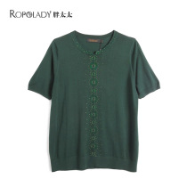 Fat wife Big code Womens in summer New products inlaid with round collar needlework T-shirt Loose Mother Clothing Tide 622105210