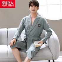 South Pole Man Long Sleeve Sleeping Robe Mens Spring Autumn Season Pure Cotton Medium Long Style Pyjamas Enlarge Code Bathrobe Winter Pure Color Home Clothing