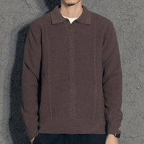 Yiyi Japanese retro mens lapel slim sweater solid color casual pullover sweater hemp pattern thread clothing trend