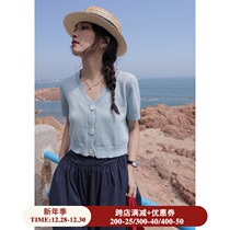 Ouyang Xi V Neck Wave edge design knitwear summer solid color simple thin short sleeve slim slim fashion top