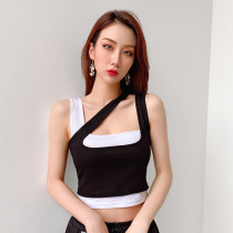 H family star same fake two pieces of black and white stitching contrast asymmetric inclined shoulder hanging neck camisole vest womens short coat