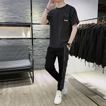 Summer Light Ripened Wind One Suit Mens Striped Casual Boomer Short Sleeves 90% Pants Two Sets Young Ruffling Handsome Mens Clothing