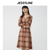 2-fold special sale of jessyline spring dress Jessy Les retro plaid cashew with long-style shirt with dress and dress