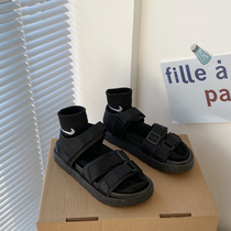 ins tide black sandals women big students 100 hitch 2022 Summer new original Cebu Wind flat Roman magic sticker