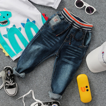 Spring and Autumn New Childrens Cotton Bomb Jeans Boys Threaded Waist Flower Rope Pants Baby Joker Pants Tide