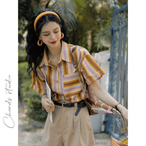 Mifeier (fun summer vacation) Hong Kong-style retro striped short-sleeved shirt JL072259#