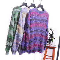 Foreign trade Original Single 19 autumn and winter New round neck long sleeve loose comfortable mohair pull rainbow color color knitted sweater