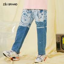 ZBJ2019 autumn new products national tide wash popular trousers straight feet casual light color cartoon hand drawn jeans