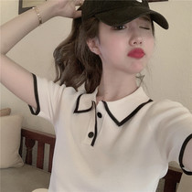 Ice silk knitted short-sleeved t-shirt summer thin slim slim polo sweater women Hyuna wind short top tide