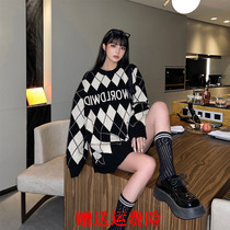 Design sense niche rhombus sweater womens autumn and winter new loose outerwear lazy style knitted sweater round neck plaid coat