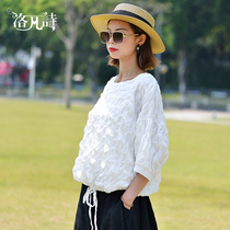 Lofan Poetry 2022 Summer New High-end Fashion Loose Casual Pure Color Blouse Round Collar White 100 Hitch Shirt