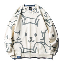 Tide cool boy into autumn exclusive Japanese cartoon print round neck long sleeve fake two-piece sweater mens pullover coat